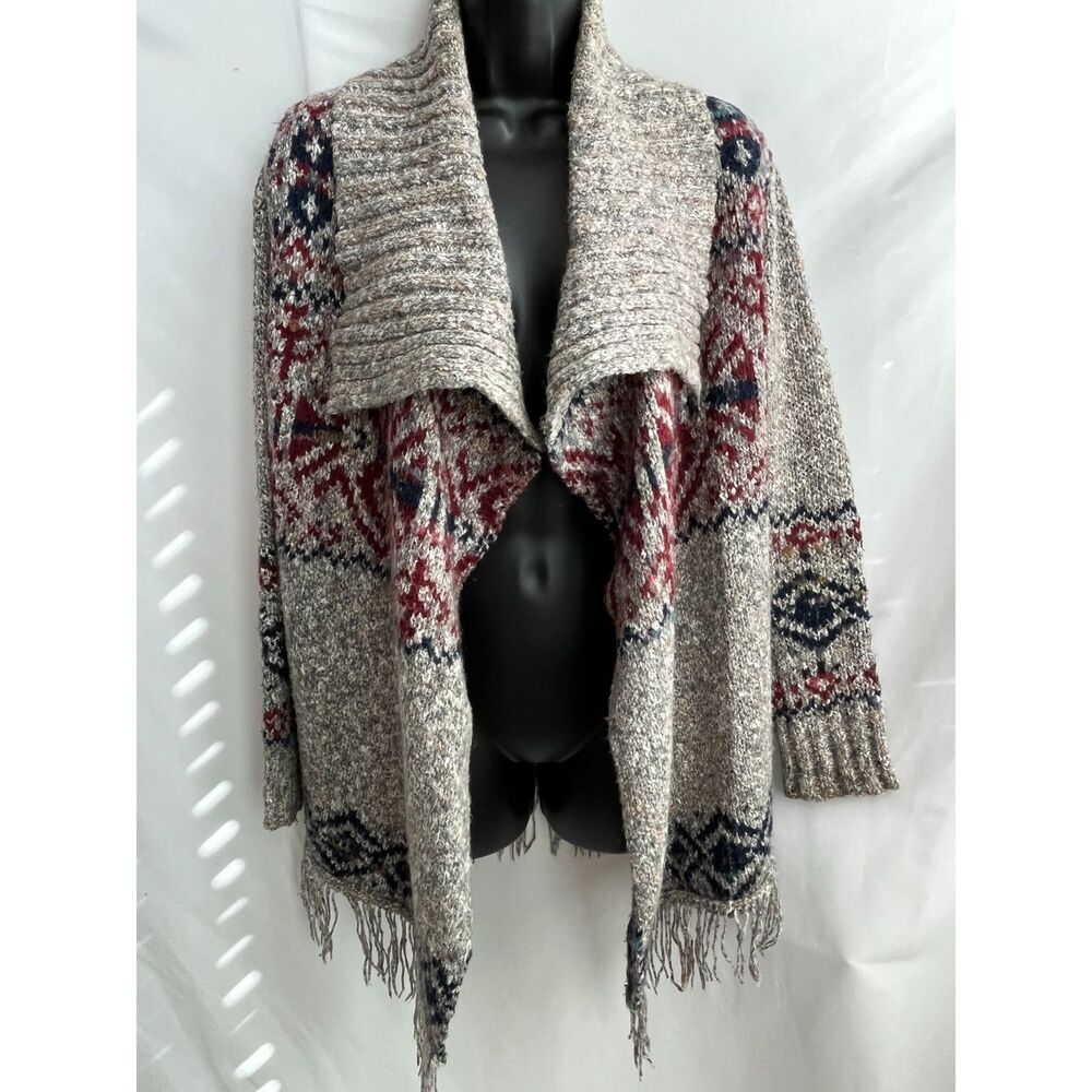 Kaisely Wool Blend Western Aztec Cardigan Sweater Open Front XS Fringe Ethnic